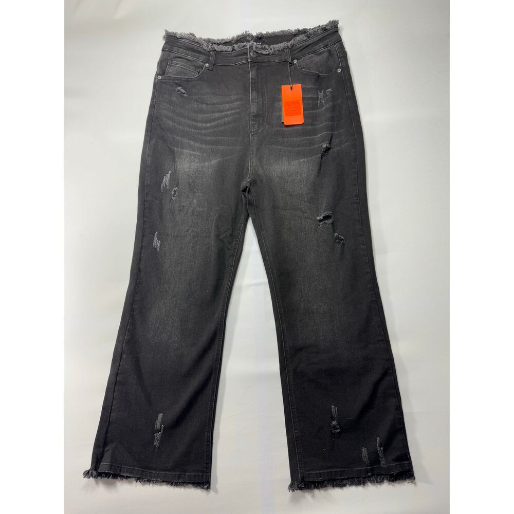 NWT Risen Women's Fray Waist Straight Leg Black Denim Jeans - Size 3XL (38x27)*